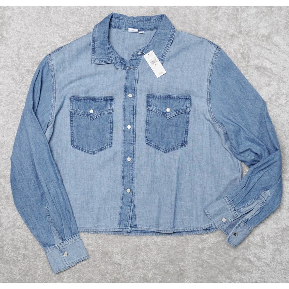 GAP Cropped Patchwork Blue Denim Western Shirt Wo… - image 1
